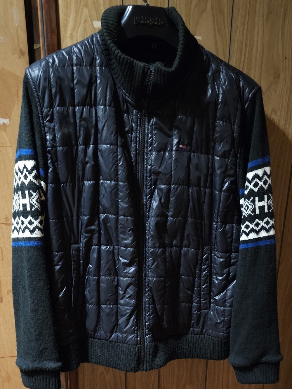 Mens Tommy Hilfiger Black Quilted Puffer Jacket with Patterned Knit Sleeves